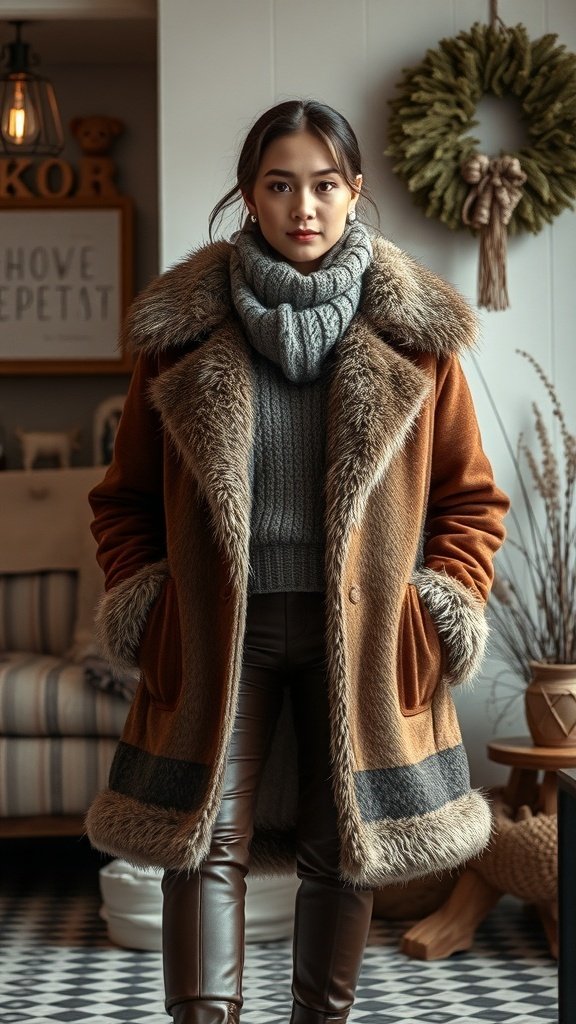 A woman wearing a stylish winter outfit with a furry coat, chunky knit sweater, and leather pants.