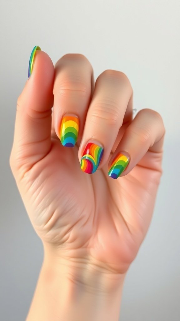 Colorful rainbow nail art with a pot of gold on a wooden surface