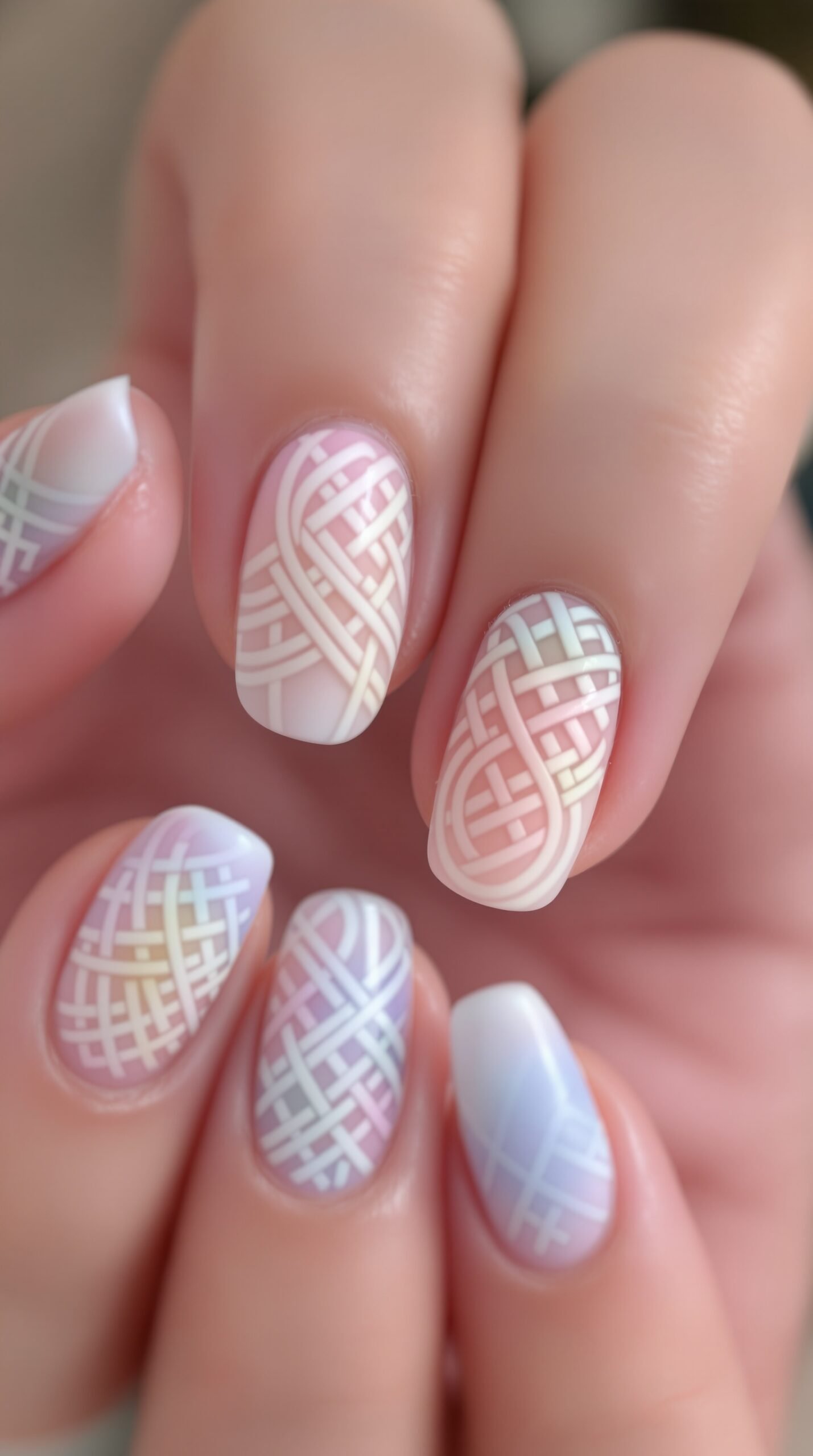 Nails featuring Celtic knot patterns in pastel shades of pink, blue, and cream.