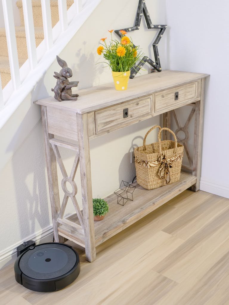 Stylish home entryway featuring a robotic vacuum cleaner and rustic decor.